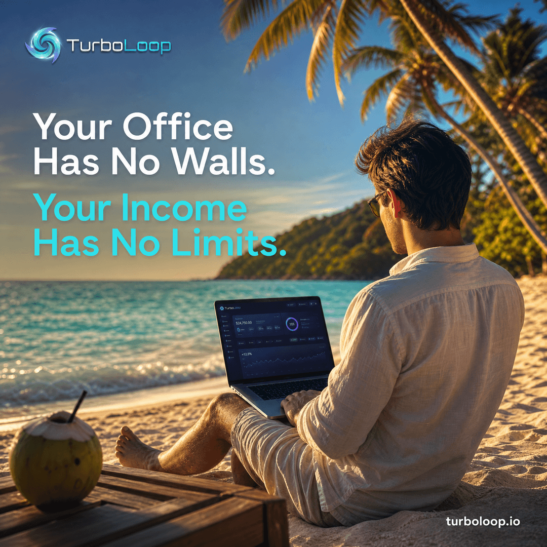 TurboLoop passive income lifestyle — Beach Laptop